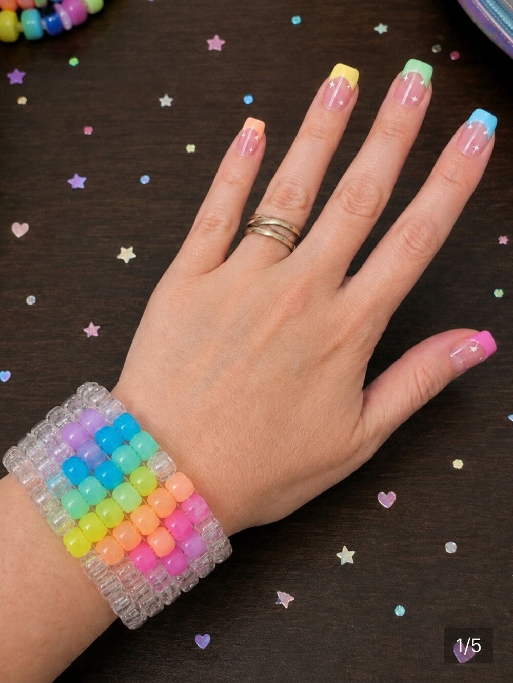 Festival rainbow glow Kandi kids clear neon heart cuff bracelet